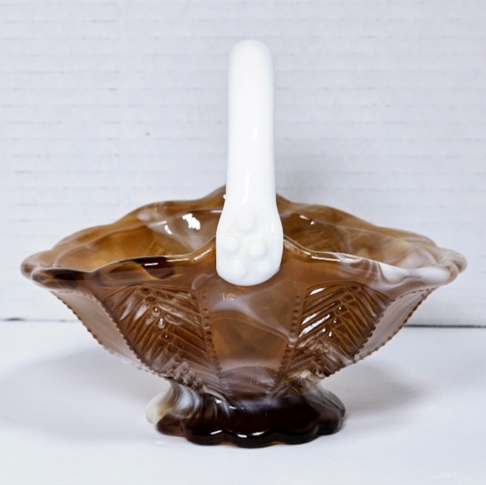 Vintage Imperial Glass Caramel Slag Basket Swirl Dish
